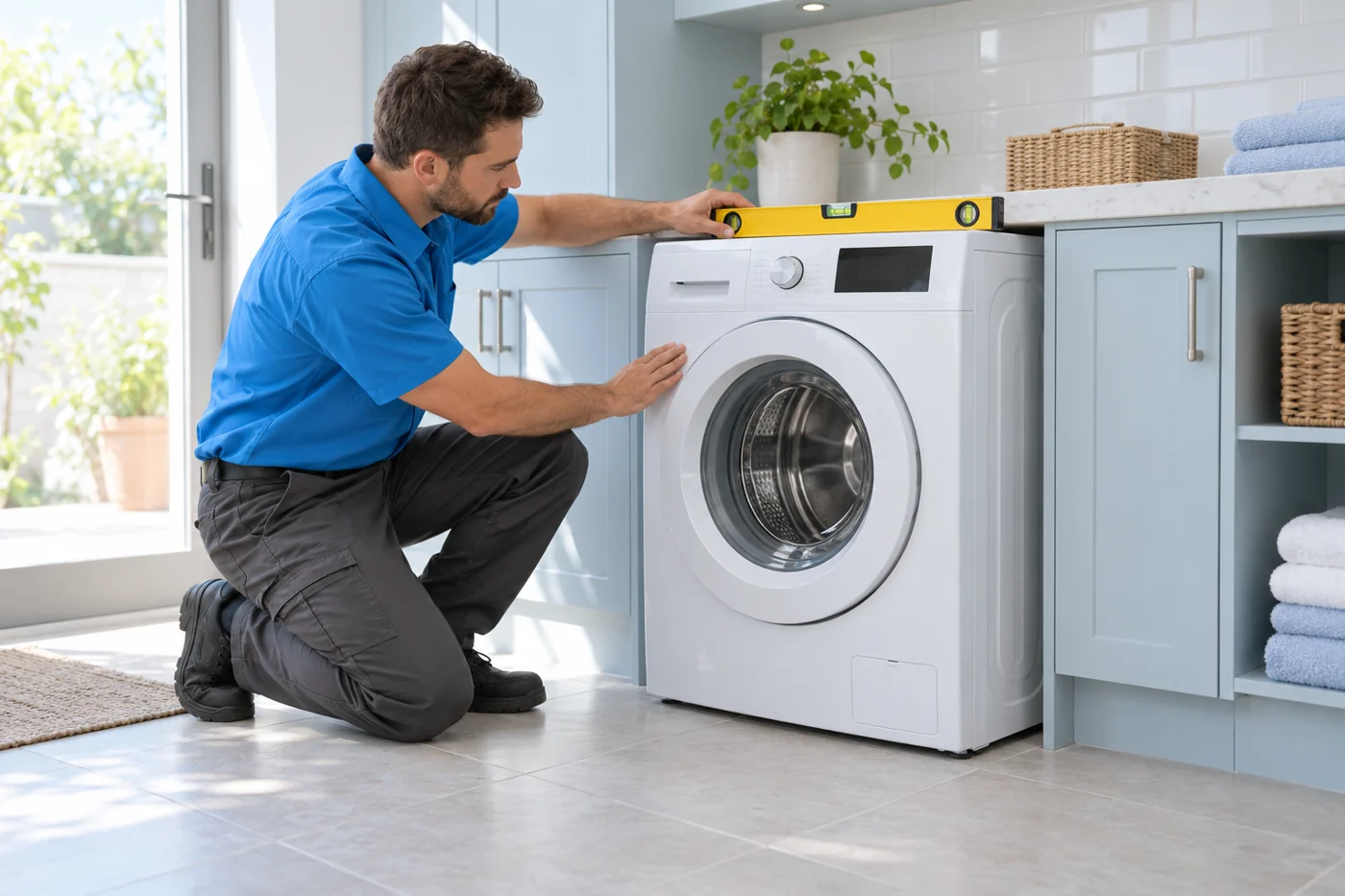 Technician checking the level of a newly installed washing machine