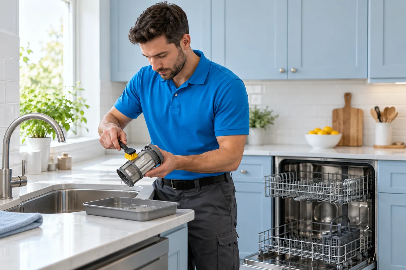 Technician cleaning a dishwasher filter