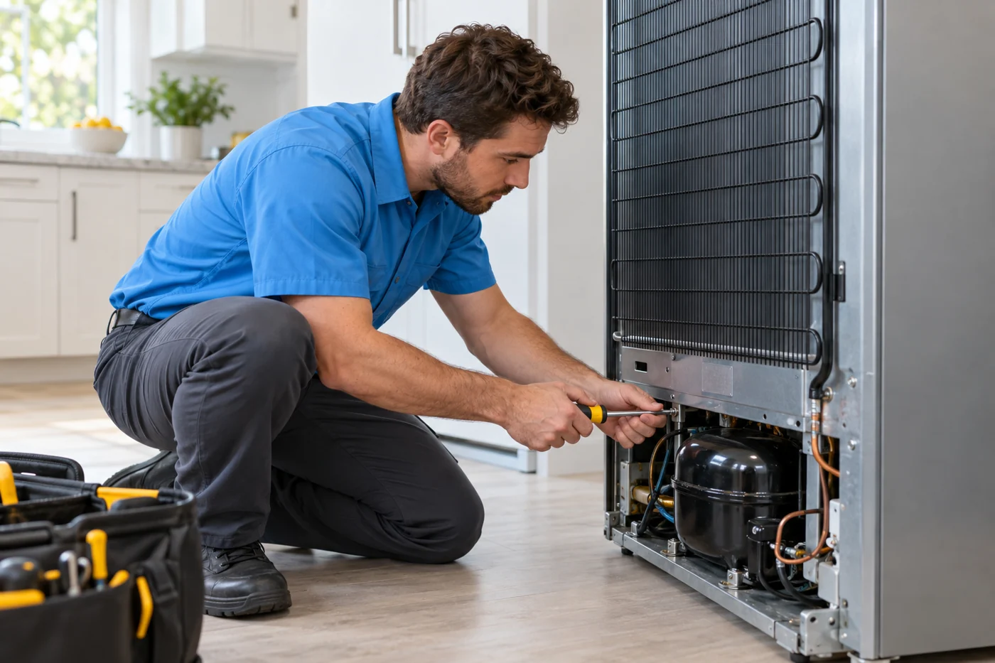 Technician repairing the rear compressor area of a refrigerator