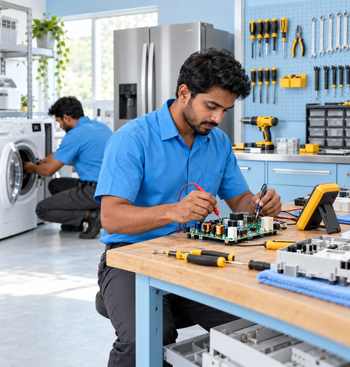 Technicians diagnosing appliances in an organized workshop